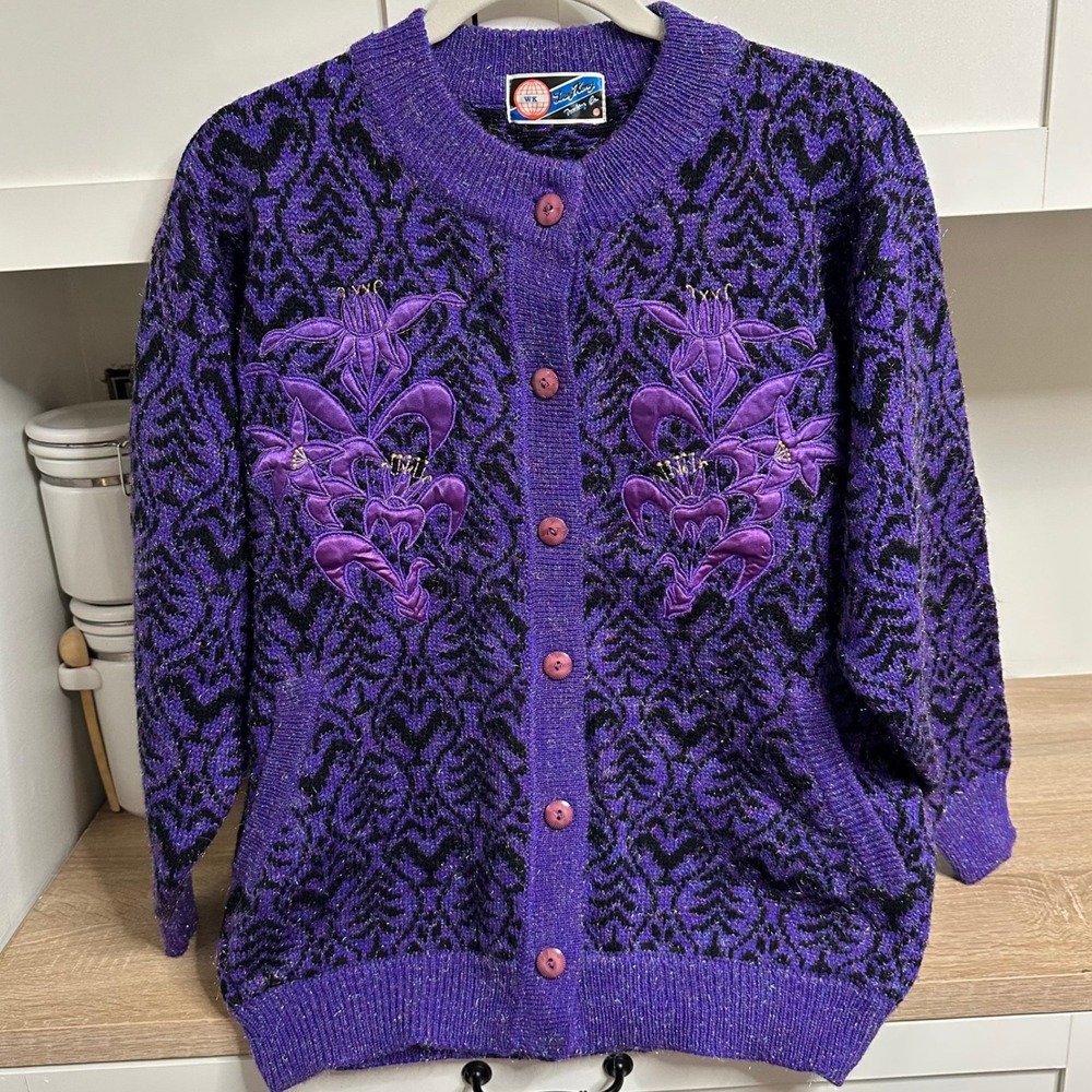 VTG 80s Cardigan Sweater Womens L Purple Floral Embroidery Pockets Buttons Retro